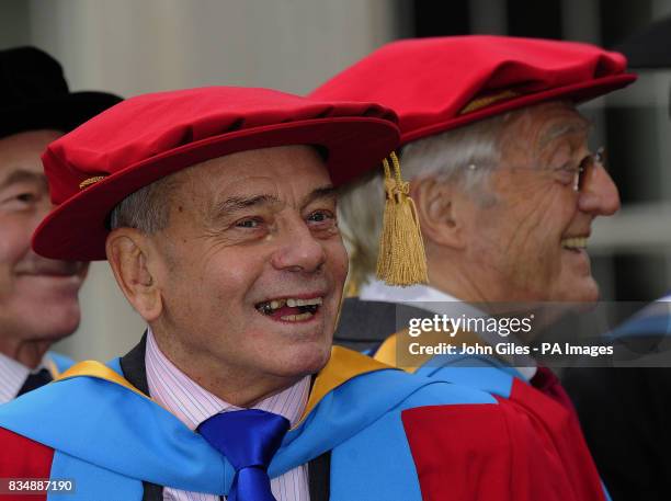 Sir Michael Parkinson and Dickie Bird with actor, Patrick Stewart, in his role as Chancellor of the University of Huddersfield, at the Huddersfield...