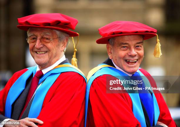 Sir Michael Parkinson and Dickie Bird at the Huddersfield University campus in Barnsley, where they received honorary doctorates.