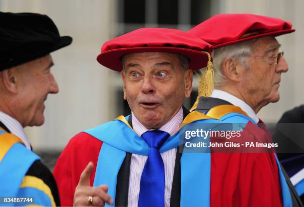 Sir Michael Parkinson and Dickie Bird with actor, Patrick Stewart, in his role as Chancellor of the University of Huddersfield, at the Huddersfield...