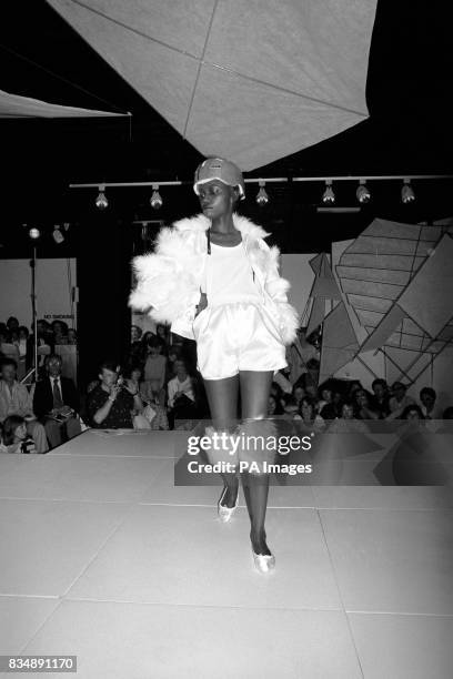 North East London Polytechnic students displayed their desgns at Celanese House, London. A model wears a creation by final year student Abosede...