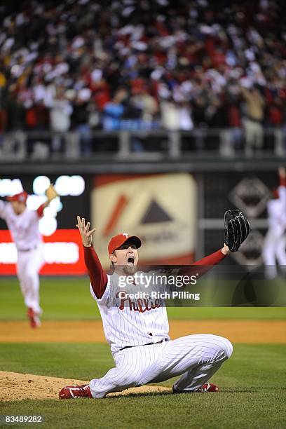 Pitcher Brad Lidge of the Philadelphia Phillies celebrates after winning game five of the World Series between the Tampa Bay Rays and the...