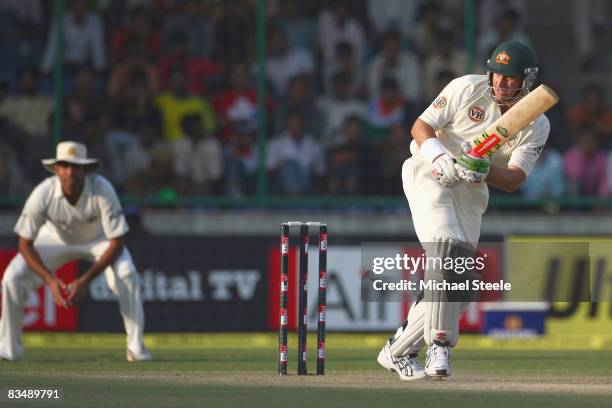 Matthew Hayden of Australia batting during day two of the Third Test match between India and Australia at the Feroz Shah Kotla Stadium on October...