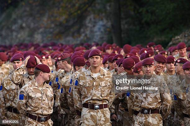 Soldiers of the 2nd Battalion of the Parachute Regiment prepare to parade down a high streeton October 30, 2008 in Colchester, England. The...