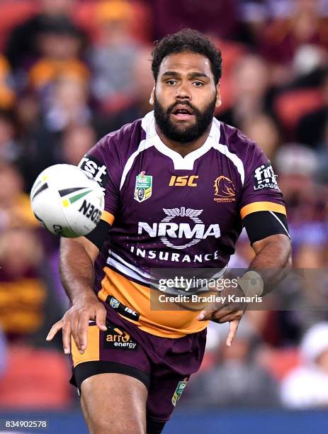 Sam Thaiday of the Broncos passes the ball from the dummy half position during the round 24 NRL match between the Brisbane Broncos and the St George...