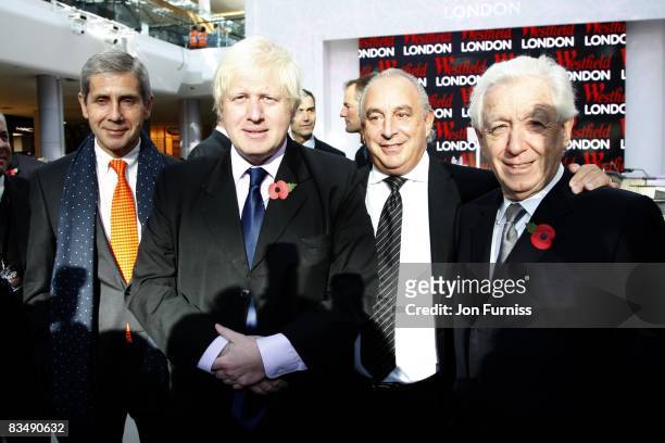 Stuart Rose, Boris Johnson, Philip Green and Frank Lowy at the grand opening of Westfield London on October 30, 2008 in London, England.