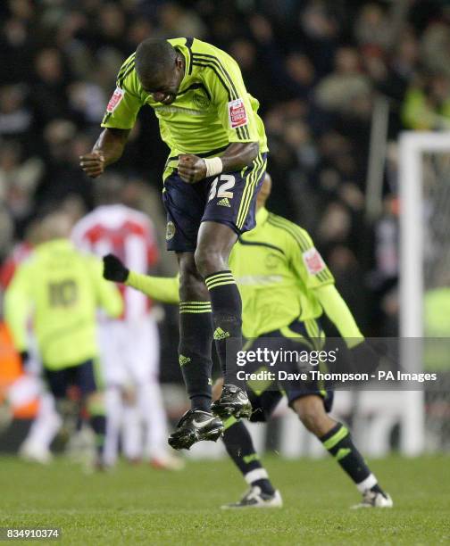Derby's Darren Powell celebrates their winning goal scored by Nathan Ellington during the Carling Cup Quarter Final match at the Britannia Stadium,...