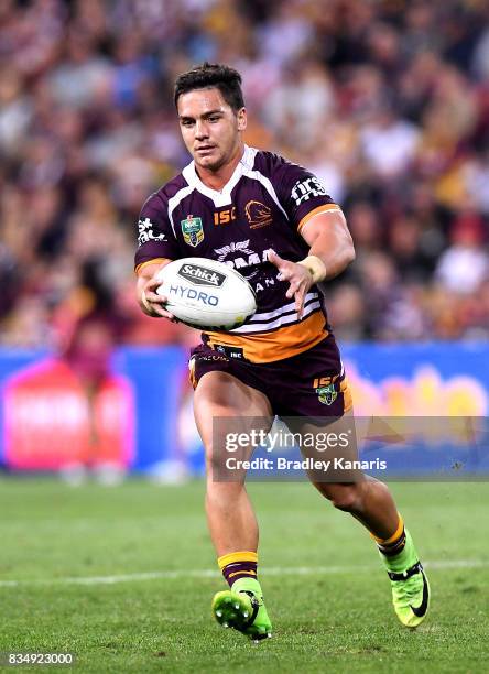 Kodi Nikorima of the Broncos runs with the ball during the round 24 NRL match between the Brisbane Broncos and the St George Illawarra Dragons at...