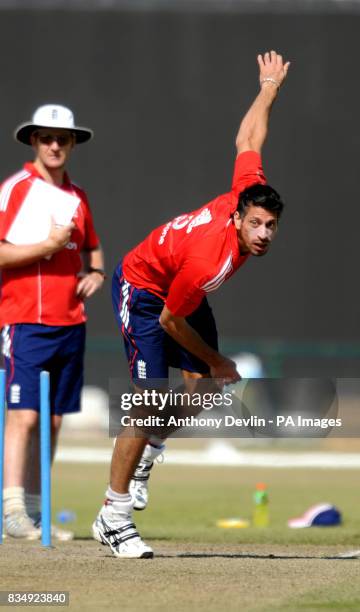 England's Sajid Mahmood bowls during the training session at the Sheikh Zayed Stadium in Abu Dhabi, United Arab Emirates.