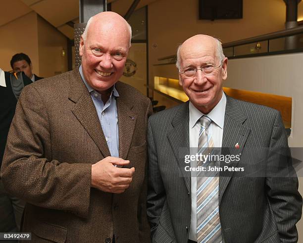 Sir Bobby Charlton of Manchester United poses with Jean-Claude Biver, CEO of Hublot Watches, after a press conference to announce Hublot Watches as...