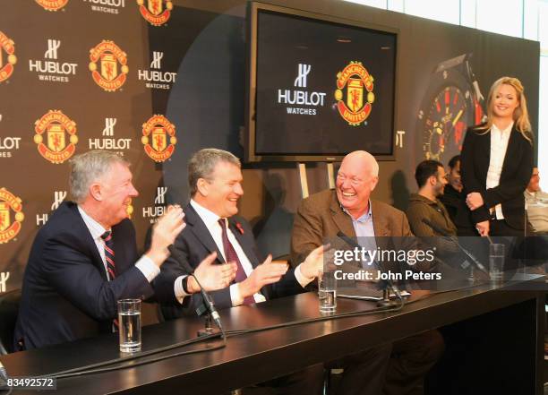 Sir Alex Ferguson of Manchester United speaks at a press conference to announce Hublot Watches as the official timekeeper of Manchester United at Old...