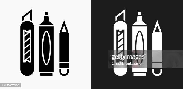 marker und box cutter symbol auf schwarz-weiß-vektor-hintergründe - utility knife stock-grafiken, -clipart, -cartoons und -symbole