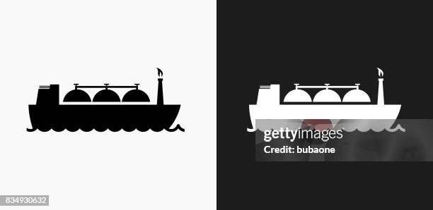 ship transporting gas icon on black and white vector backgrounds - hydraulic fracturing icons stock illustrations