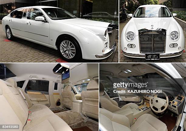 Combo picture shows Japanese auto maker Mitsuoka Motor's new model "Galue limousine S50", which was based on the Nissan Fuga, during a press preview...