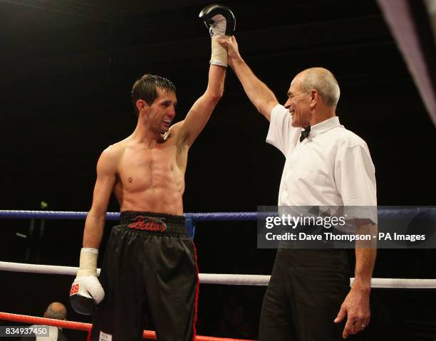 Manchester's Stephen Bell celebrates his victory over Birmingham's Shaun Walton during the Super Featherweight Contest at the Kingsway Sports Centre,...