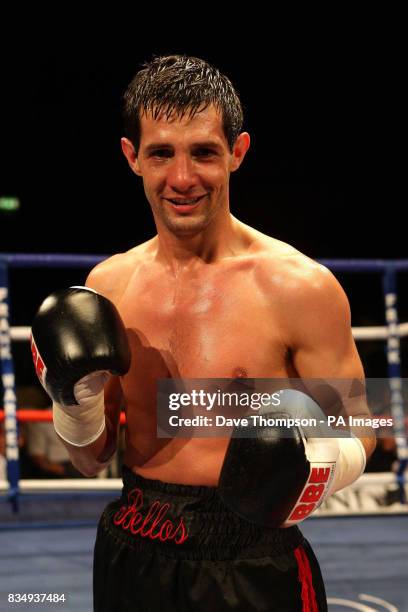 Manchester's Stephen Bell celebrates his victory over Birmingham's Shaun Walton during the Super Featherweight Contest at the Kingsway Sports Centre,...