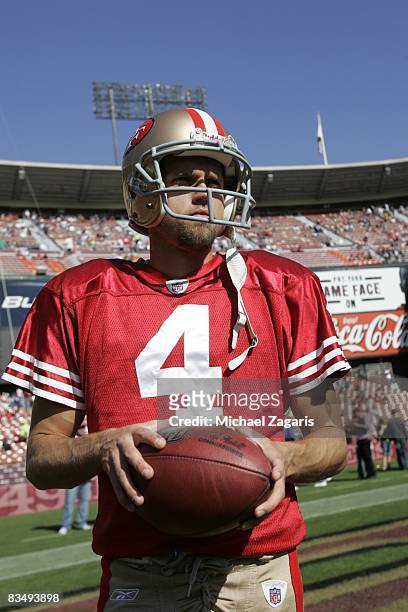 Punter Andy Lee of the San Francisco 49ers warms up before the NFL game against the Seattle Seahawks on Bill Walsh Field at Candlestick Park on...