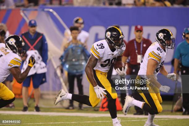 Running Back Terrell Watson of the Pittsburgh Steelers has a Touchdown against the New York Giants during an NFL preseason game at MetLife Stadium on...