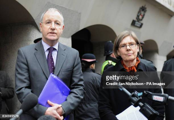 Rene Barclay, left, CPS Director of Complex Casework, and Hilary Bradfield, CPS Reviewing Lawyer, make statements outside the Old Bailey in London,...