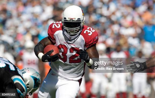 Edgerrin James of the Arizona Cardinals carries against the Carolina Panthers at Bank of America Stadium on October 26, 2008 in Charlotte, North...