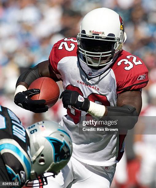 Edgerrin James of the Arizona Cardinals carries against the Carolina Panthers at Bank of America Stadium on October 26, 2008 in Charlotte, North...