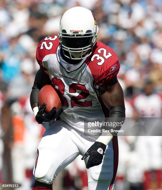 Edgerrin James of the Arizona Cardinals carries against the Carolina Panthers at Bank of America Stadium on October 26, 2008 in Charlotte, North...