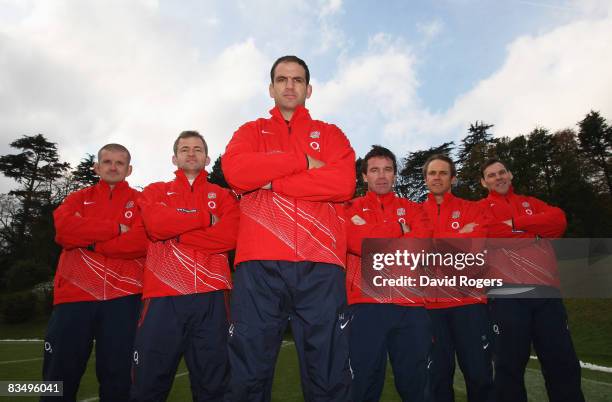 England's coaching team Graham Rowntree, Jon Callard, Martin Johnson , Mike Ford, Brian Smith and John Wells pose during an England training session...