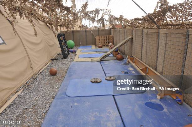 Makeshift outdoor gymnasium in Camp Bastion, Helmand Province, Afghanistan.