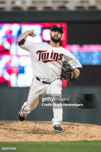 Dillon Gee of the Minnesota Twins pitches against the Texas Rangers on August 3, 2017 at Target Field in Minneapolis, Minnesota. The Rangers defeated...