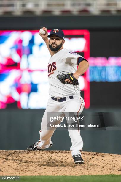 Dillon Gee of the Minnesota Twins pitches against the Texas Rangers on August 3, 2017 at Target Field in Minneapolis, Minnesota. The Rangers defeated...