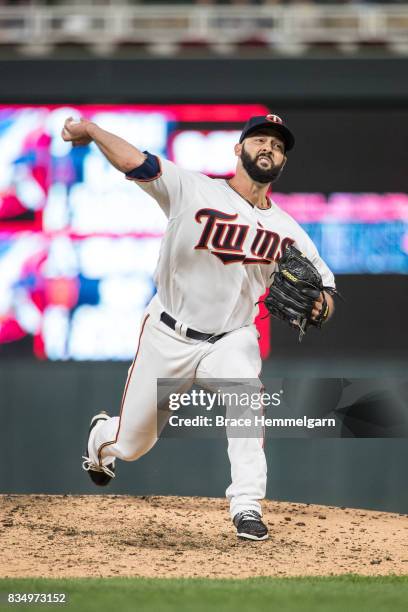 Dillon Gee of the Minnesota Twins pitches against the Texas Rangers on August 3, 2017 at Target Field in Minneapolis, Minnesota. The Rangers defeated...