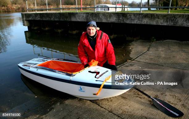 Jim McNeill, aka Ice Warrior, tests out his home-made canoe built for an Arctic expedition on the River Thames near Windsor.