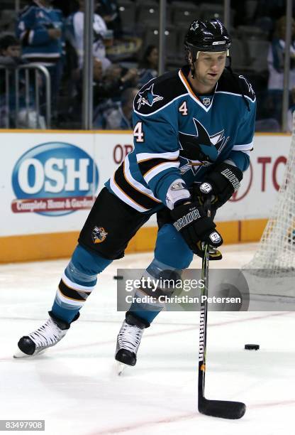 Rob Blake of the San Jose Sharks skates with the puck during warm up to the NHL game against the Pittsburgh Penguins at HP Pavilion on October 28,...