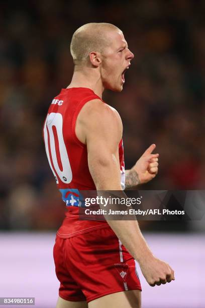 Zak Jones of the Swans celebrates a goal during the 2017 AFL round 22 match between the Adelaide Crows and the Sydney Swans at Adelaide Oval on...