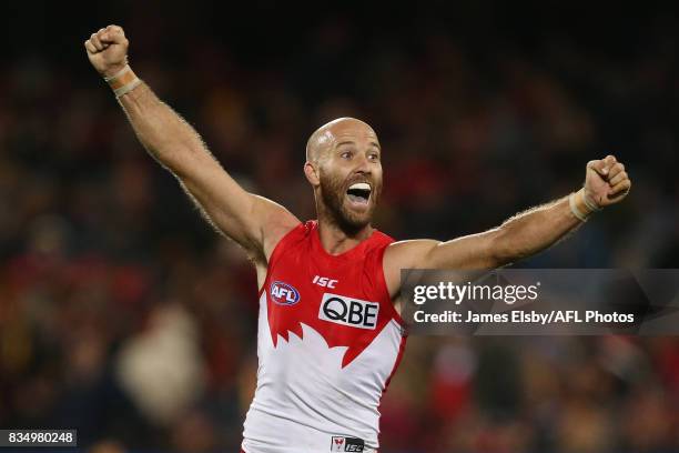 Jarrad McVeigh of the Swans celebrates their win during the 2017 AFL round 22 match between the Adelaide Crows and the Sydney Swans at Adelaide Oval...