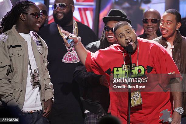 Recording artists DJ Khaled accepts an award during the 2008 BET Hip Hop Awards at the Boisfeuillet Jones Atlanta Civic Center on October 18, 2008 in...