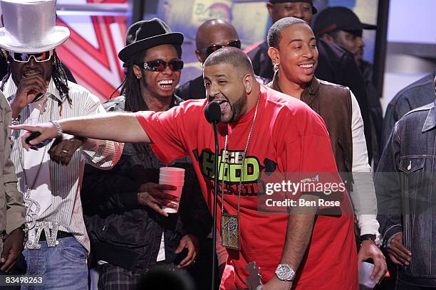 Recording artists DJ Khaled accepts an award during the 2008 BET Hip Hop Awards at the Boisfeuillet Jones Atlanta Civic Center on October 18, 2008 in...