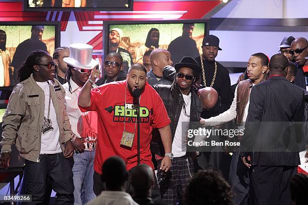 Recording artists DJ Khaled accepts an award during the 2008 BET Hip Hop Awards at the Boisfeuillet Jones Atlanta Civic Center on October 18, 2008 in...