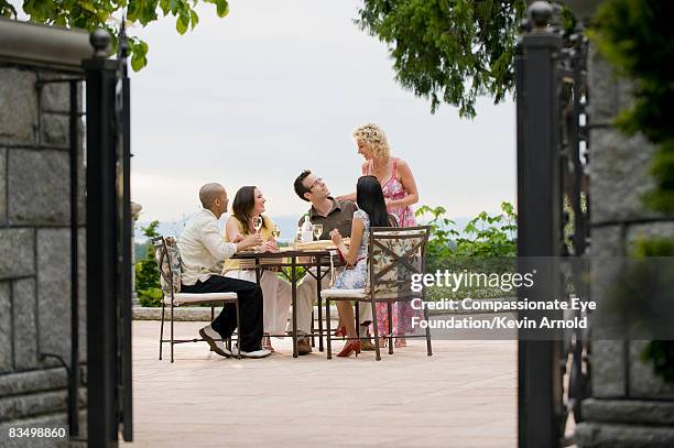 friends having a dinner party on a patio - kevin arnold stock pictures, royalty-free photos & images