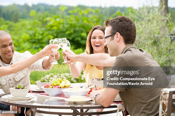 friends raising glasses in toast at dinner party. - kevin arnold stock pictures, royalty-free photos & images