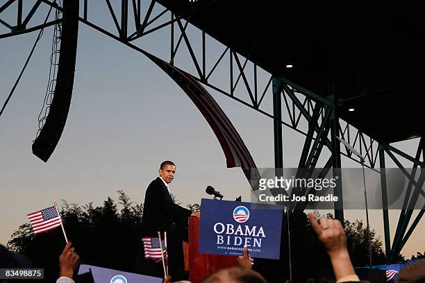 Democratic presidential nominee U.S. Sen. Barack Obama speaks during a campaign rally at Verizon Wireless Virginia Beach Amphitheater October 30,...