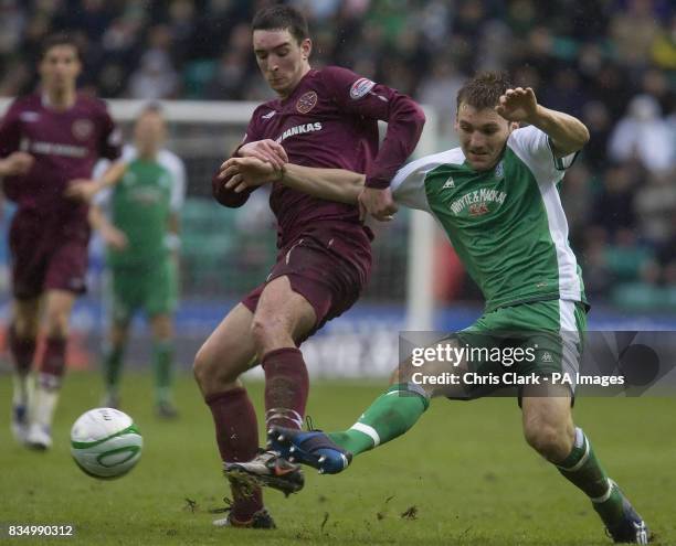 Hearts defender Lee Wallace is tackled by Hibernian defender Chris Hogg during the Homecoming Scottish Cup match at Easter Road, Edinburgh.