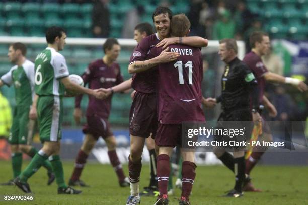 Hearts players celebrate their victory over Hibernian during the Homecoming Scottish Cup match at Easter Road, Edinburgh.