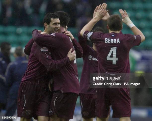 Hearts' players celebrate their victory over Hibernian during the Homecoming Scottish Cup match at Easter Road, Edinburgh.