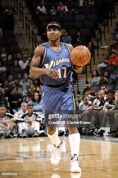 Dee Brown of the Washington Wizards moves the ball up court during a preseason game against the San Antonio Spurs at AT&T Center on October 22, 2008...