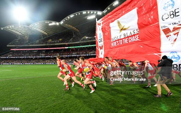 The Swans run throught the banner before round 22 AFL match between the Adelaide Crows and the Sydney Swans at Adelaide Oval on August 18, 2017 in...