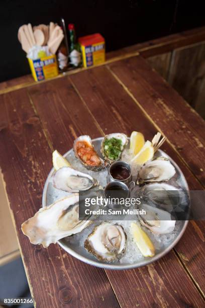 Seafood platter on wooden table in Temple Bar on 3rd April 2017 in Dublin, Republic of Ireland. Dublin is the largest city and capital of the...