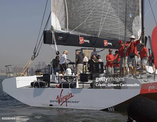 Richard Branson's sailboat with which he will attempt to break the trans-Atlantic record "Virgin Money" sails at North Cove Marina on September 4,...