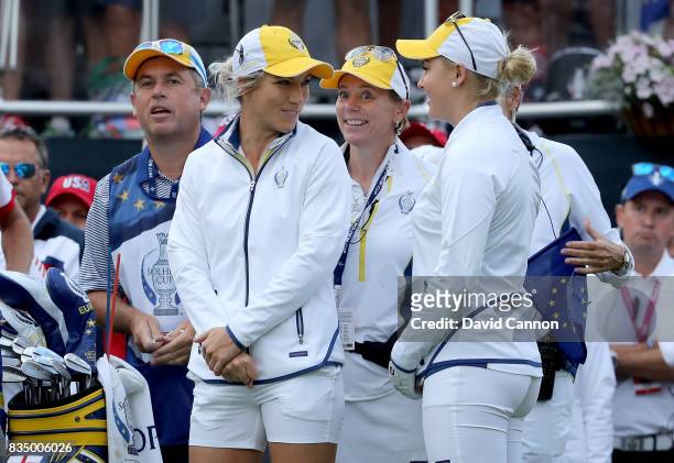Annika Sorenstam the European Team captain with Melissa Reid and Charley Hull of England on the first tee before Reid hit the first tee shot of the...