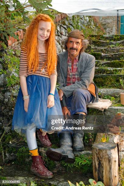 Malu Leicher and Christoph Maria Herbst pose for photographs during a set visit of 'Liliane Susewind' on August 18, 2017 in Schleiden, Germany.