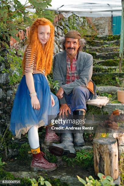 Malu Leicher and Christoph Maria Herbst pose for photographs during a set visit of 'Liliane Susewind' on August 18, 2017 in Schleiden, Germany.